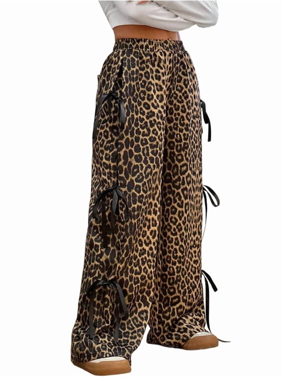 Women'S Baggy Sweatpants Elastic Waist Casual Wide Leg Pants with Pocket Y2K Going Out Travel Pants Orange Leopard XS