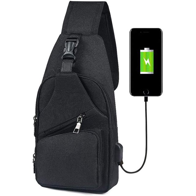 Bolso de hombro para hombre, bolso de pecho negro con puerto de carga USB y puerto para auriculares, mochila de viaje unisex