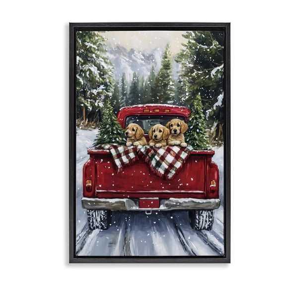 Golden Pups Christmas Truck Black Framed Floater Canvas Wall Art, design by Petal Prints Design