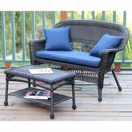 Jeco Wicker Patio Love Seat and Coffee Table Set in Espresso with Blue Cushion