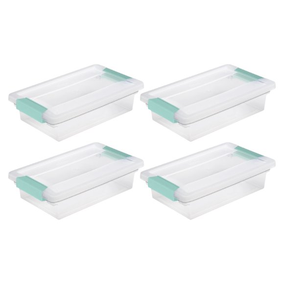 Sterilite Small Clip Box Plastic Storage Organizer Clear Aqua, 4-Pack