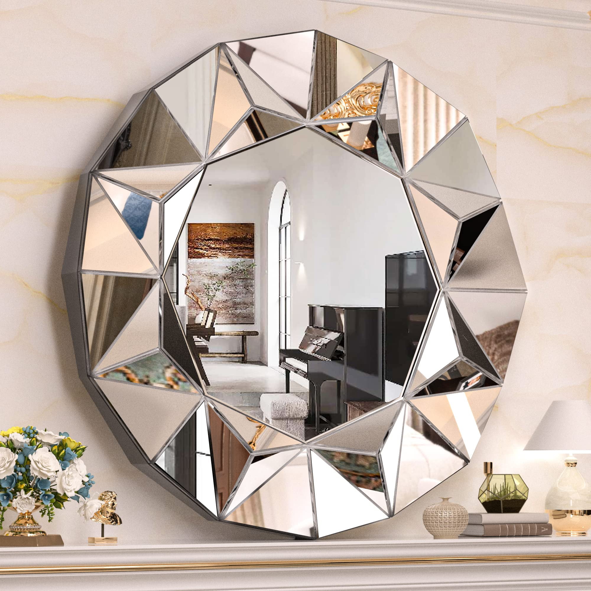 Hasipu 32" Round Wall Mirror, Decorative Frameless Vanity Mirror with Beveled Edge for Living Room, Entryway, Bathroom Decor