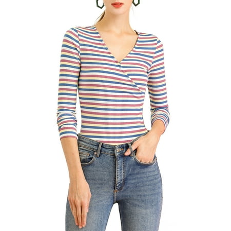 Allegra K Women's Colorful Rainbow Striped Long Sleeve Slim Knit Top XL Multicolour Blue