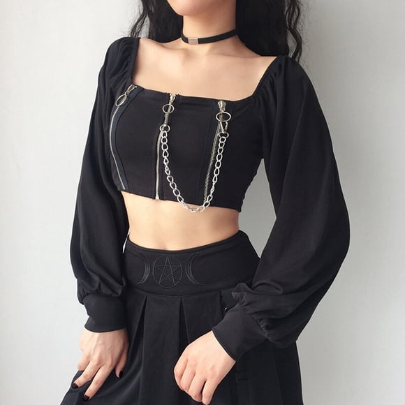 Women Vintage Style Chains T-shirts Dark Stage Performance Black Gothic Zipped Top Sexy Off Shoulder Spring Autumn Clothing Tops