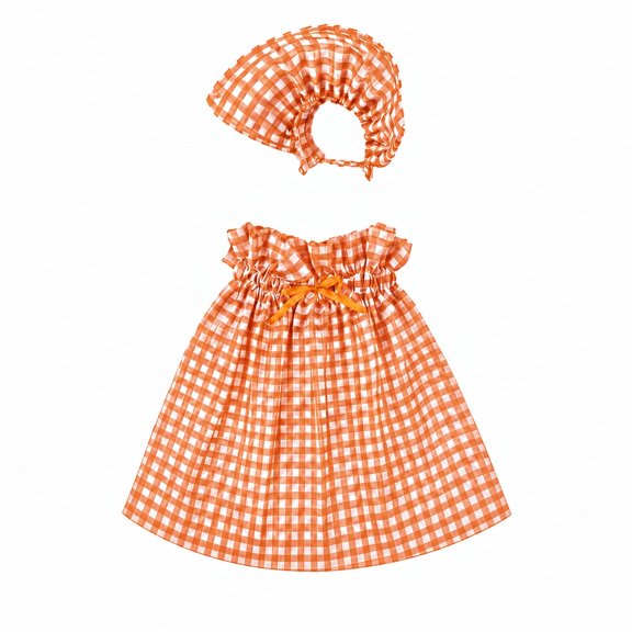 Orange White Checkered Porch Goose Dress and Bonnet Set