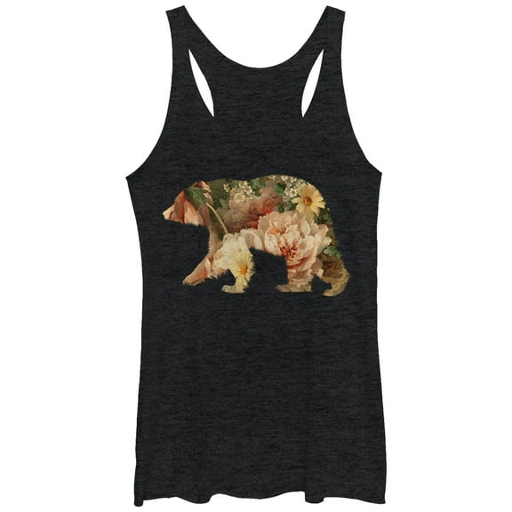 Women's Lost Gods Bear Floral Print  Racerback Tank Top Black Heather Small