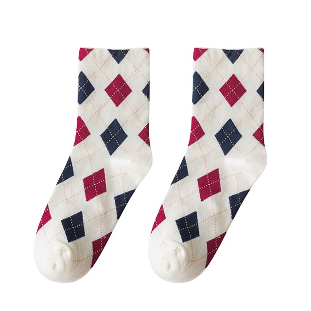 Chaussettes pour Femmes Coton Mode Motif Argyle Style Angleterre Mi-Mollet
