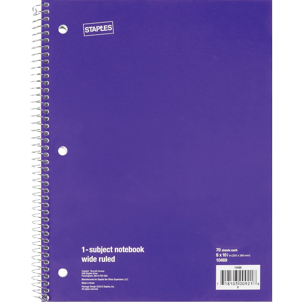 Staples 1 Subject Notebook Wide Ruled 8" x 101/2" Purple