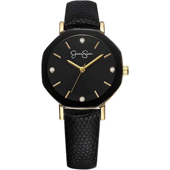 Jessica Simpson Women Leather Band Watch, Octagong Faceted Crystal Dial, Classic Quartz Movement, Elegant Dress Watch for Women