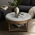 thumbnail image 2 of Hassch 31.49" Large Round Upholstered Linen Ottoman Coffee Table w/ Tufted Top and Storage, Large Footrest Ottoman with Wood Open Shelf for Living Room Bedroom, Light Gray, 2 of 8