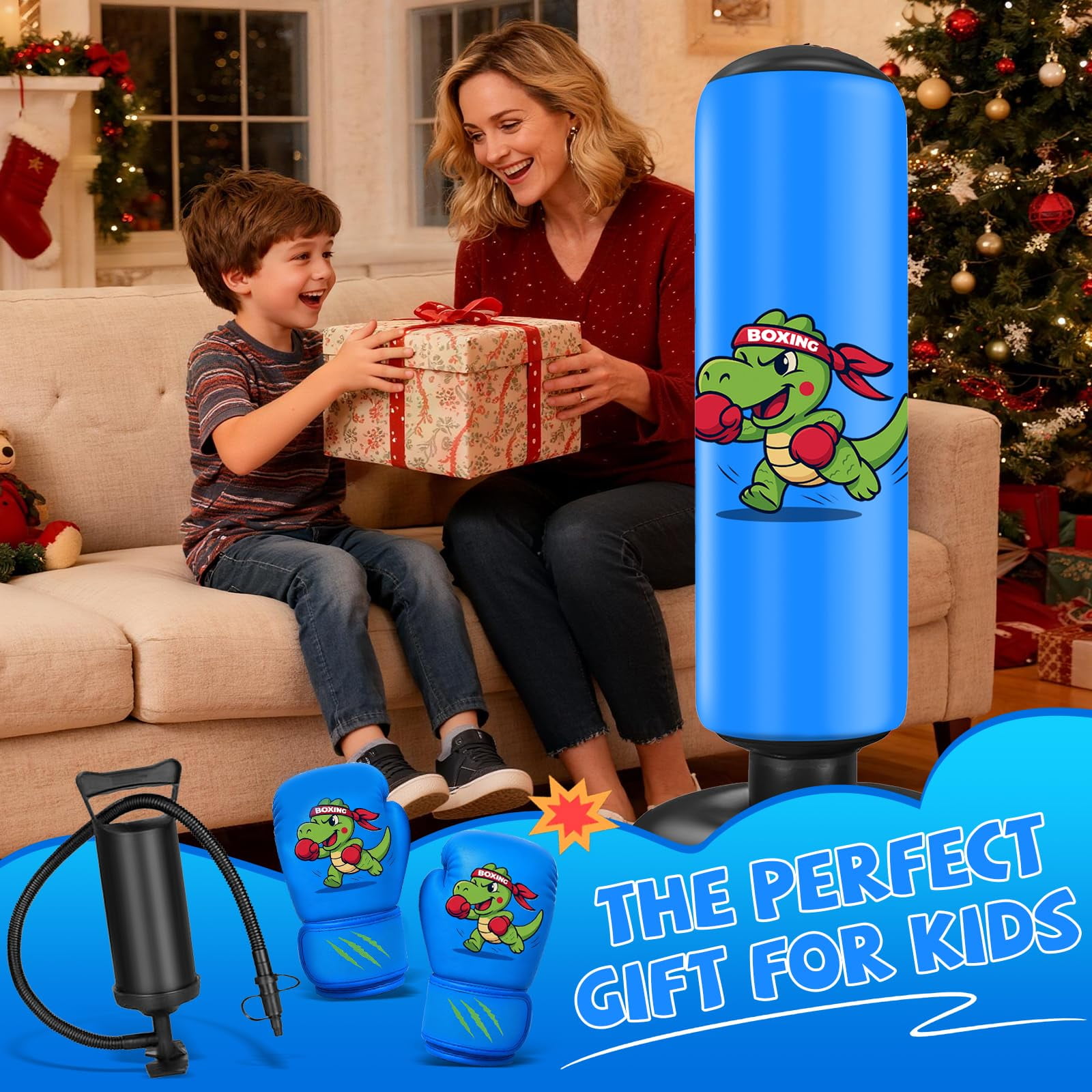 Fohil Punching Bag for Kids 51 inch Freestanding Heavy Boxing Bag with Boxing Gloves and Pump, Punching Bag Set Toy, for Practicing Karate, Taekwondo, De-Stress