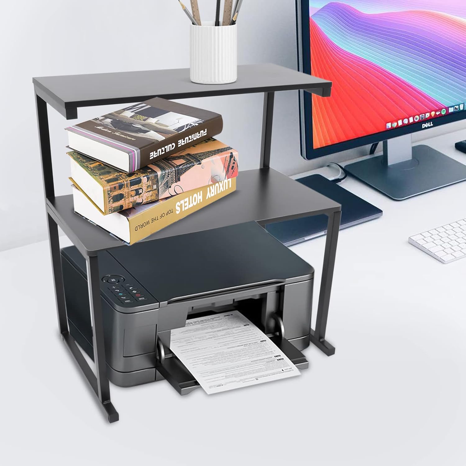 Printer Stand, 3 Tier Storage Desk Shelves,Iron Printer Stand , for Dorm Table Organizer Printer Fax Book Heavy Duty Rack for Home Office Supplie, Black