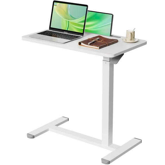 Mobile Standing Desk 27.5inch Adjustable Overbed Bedside Table With Hidden Wheels for Hospital, White