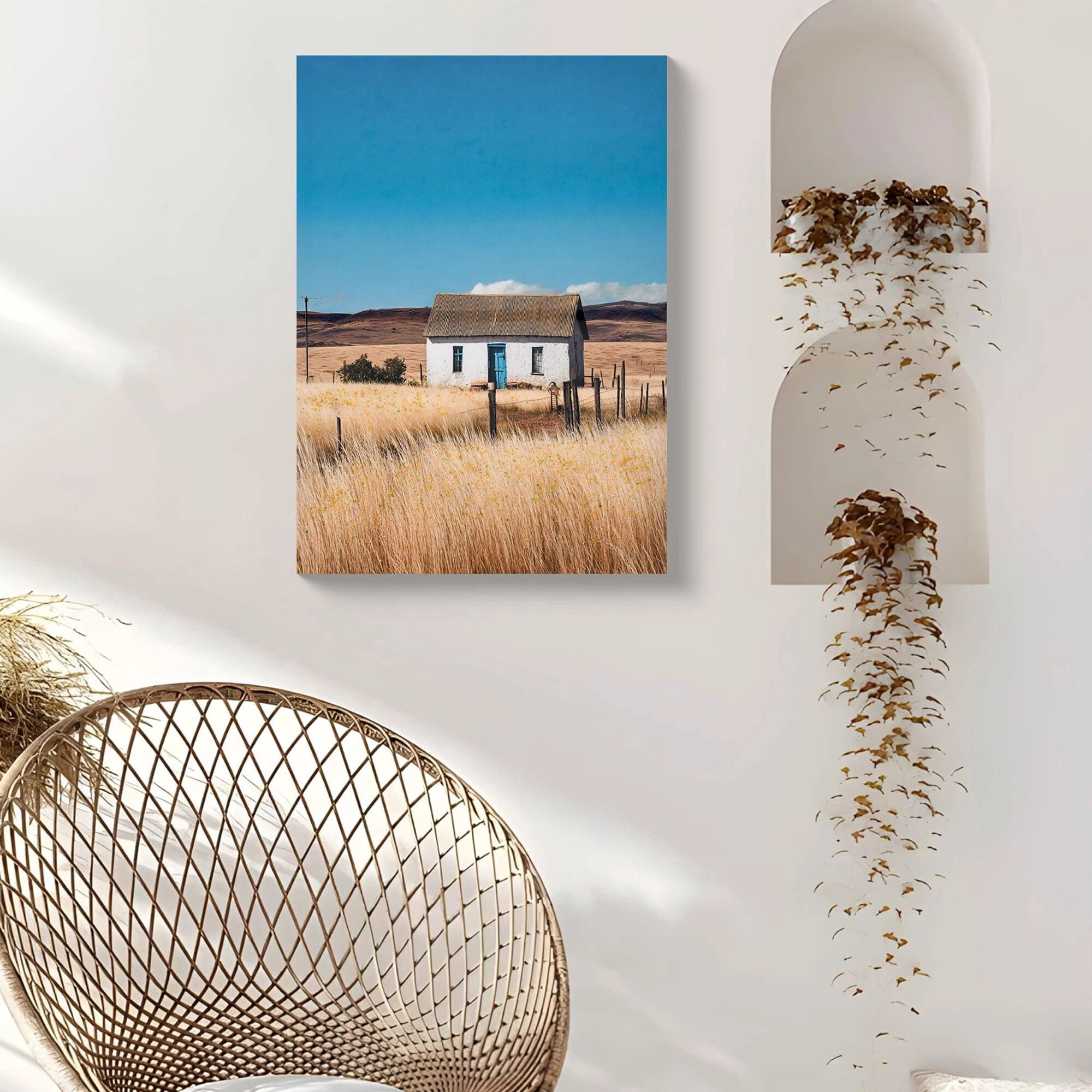 Euroco 20x28inch Farmhouse Canvas Wall Art, Framed White house Picture Rustic Countryside Farm Painting Print, Vintage Country Flowers Scene Artwork for Office Bedroom Living Room Decor