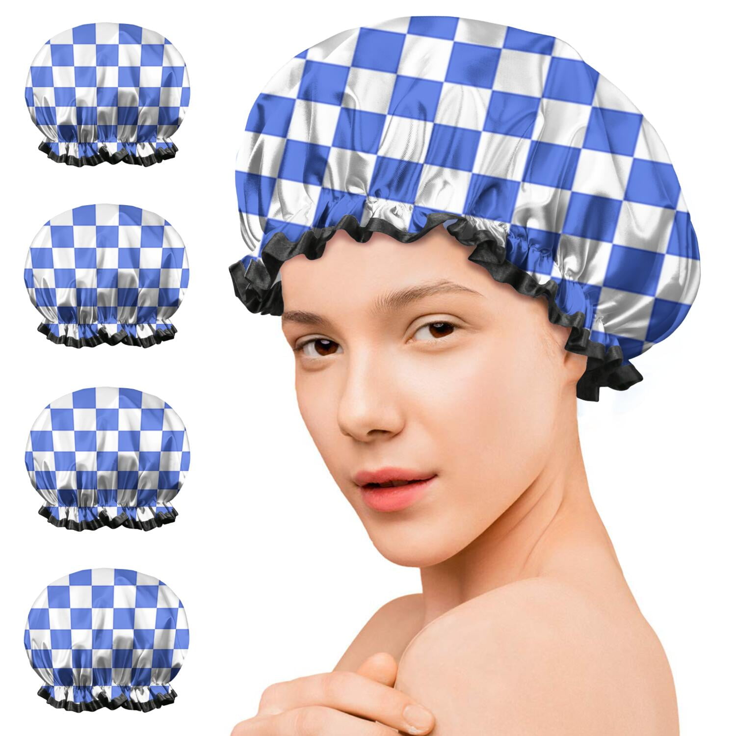 Shower Caps,Blue and White Checkered Pattern Waterproof Shower Cap for Women 4 Pieces,Double Reusable Hair Cover for Shower PEVA Elastic Stretch Hem