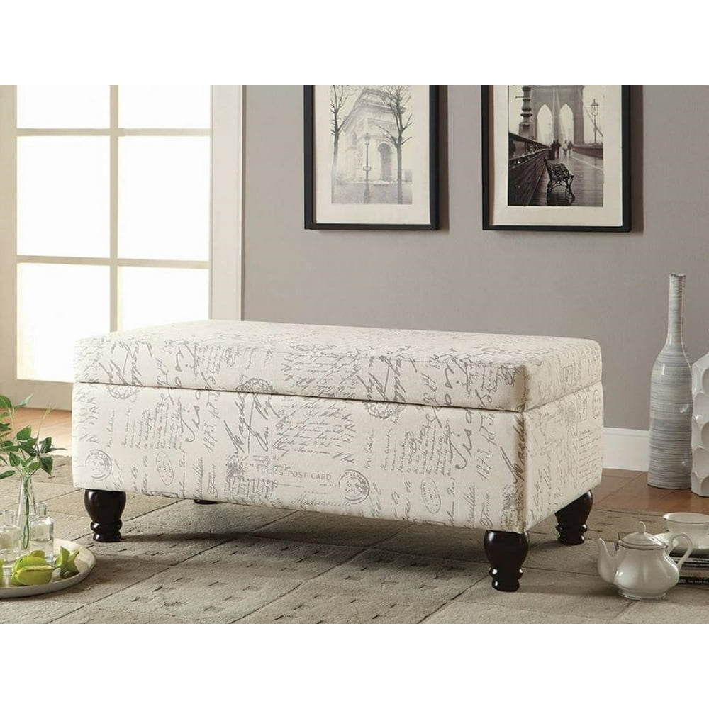 Accent Upholstered Seat Storage Bench Ottoman French Script Linen-Like