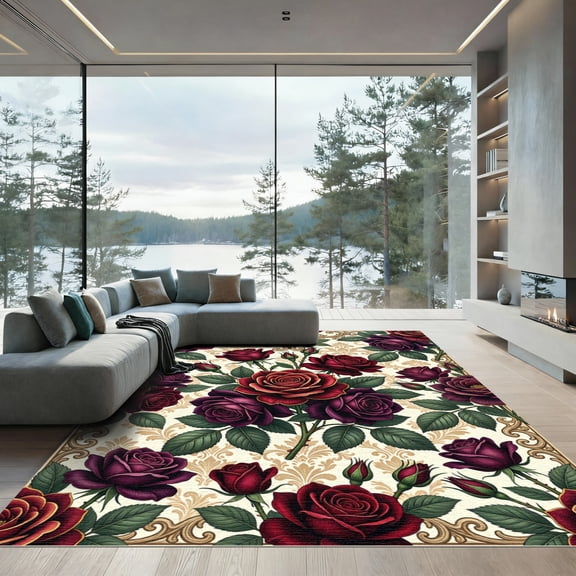 ODIKA 4'x6' Machine Washable Non-Slip Area Rug, Traditional Burgundy High Traffic Rug, Red, 1268688