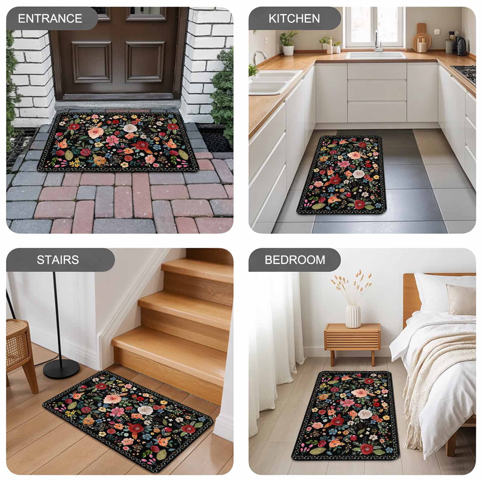 Watercolor Flowers Doormat Outdoor Entrance 18"x30", Farmhouse Floral Vintage Black Absorb Moisture Dirt Door Mats, Non-Slip Rubber Backing Floor Mats Indoor, Low-Profile Front Door Rugs