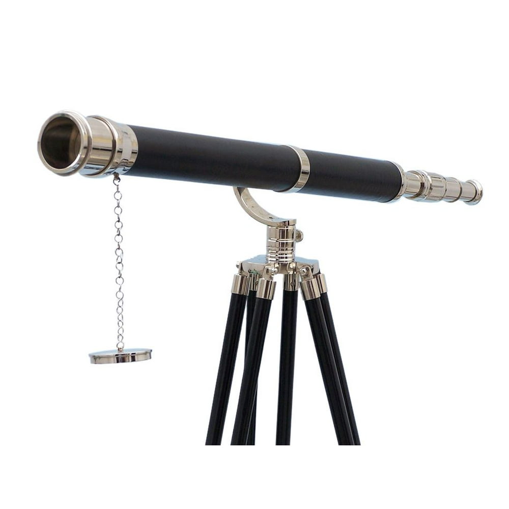 Floor Standing Chrome Leather Galileo Telescope 65" Nautical Decor