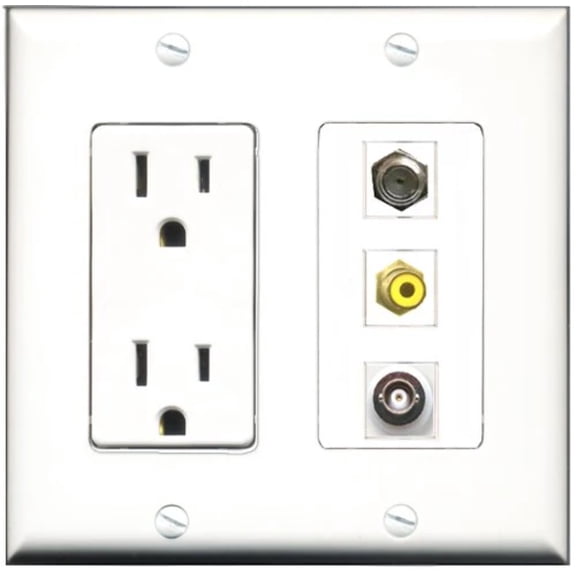 RiteAV - 15 Amp Power Outlet 1 Port RCA Yellow 1 Port Coax 1 Port BNC Decorative Wall Plate