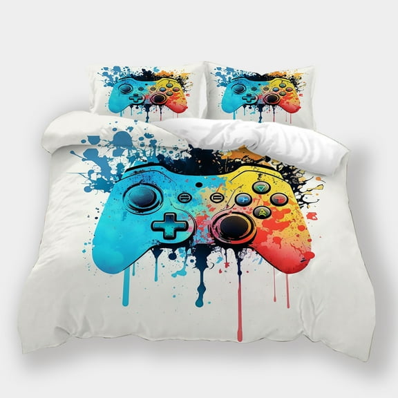 Fashion Bedding Suit Gamepad Printed Quilt Cover Pillowcase Boy Man Cool Bedroom Decor,Full (80"x90")