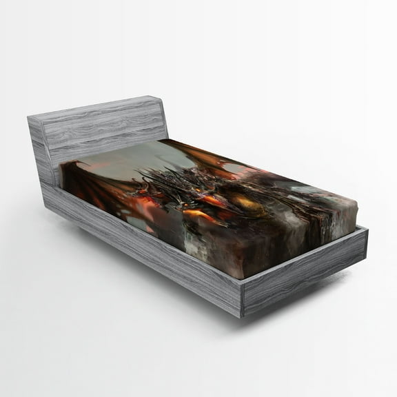 Ambesonne Gothic Fitted Sheet, Dragon Monster, Twin Size, Brown Grey