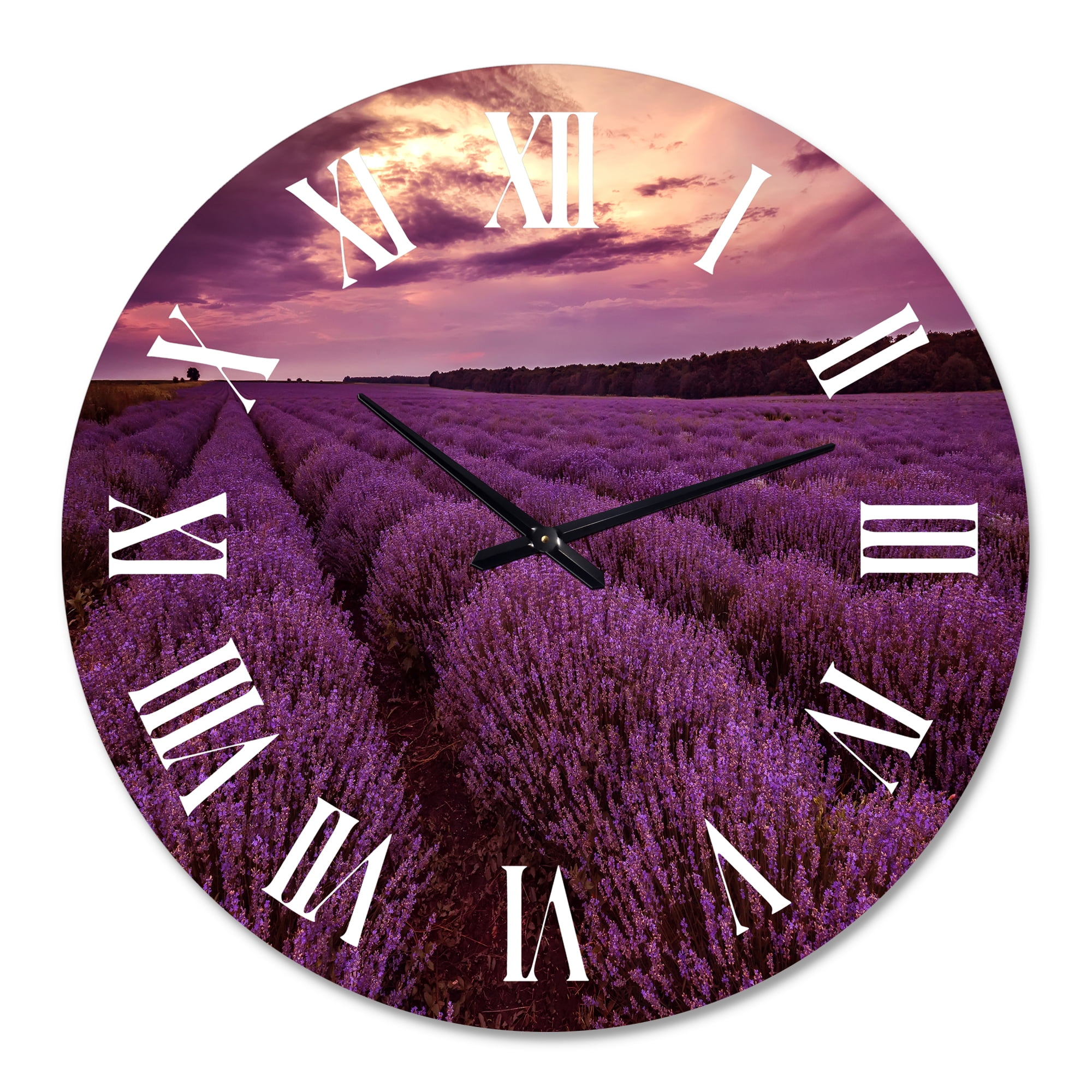 Designart 'Sunrise & Dramatic Clouds Over Lavender Field Iii' Farmhouse Wall Clock