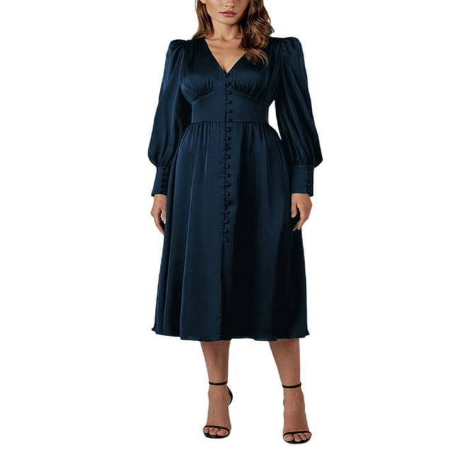 Robe Longue Formelle en Satin pour Femme à Manches Longues Bouffantes, Décolleté en V Profond, Taille Empire, Robe de Soirée, Robe de Cocktail, Rouge Vin, TG