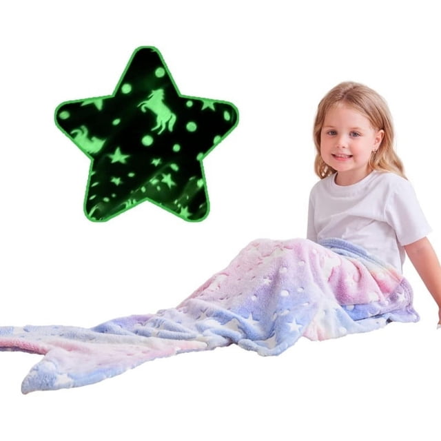 Manta de cola de sirena que brilla en la oscuridad, saco de dormir de franela de felpa súper suave para niñas de 1 a 10 años (sirena)