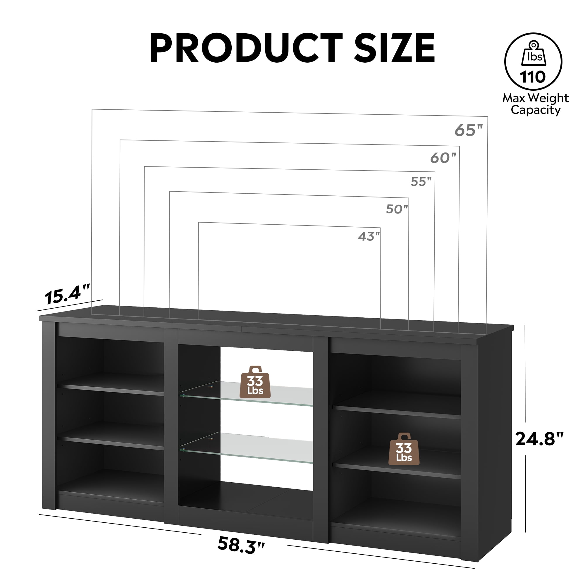 GALAXHERO Modern TV Stand for 65 Inch TV Entertainment Center with Adjustable Open Shelves & LED Lights Sturdy Media Console for Living Room, Bedroom, Gaming Black