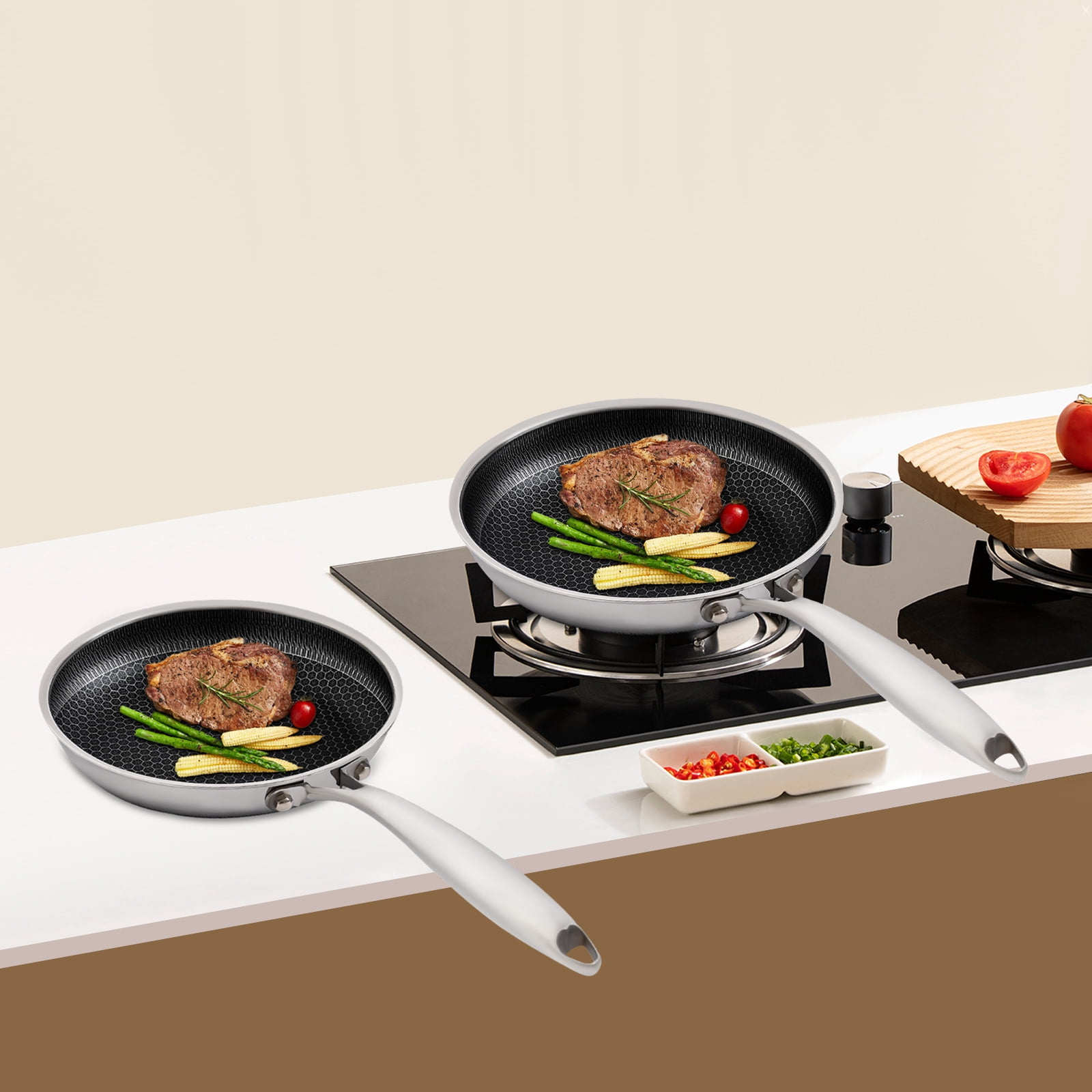 2PCS Stainless Steel Pan with Handle, Non Stick Frying Pan with Honeycomb Pattern & Lid, 10.2 + 11.8 Inch