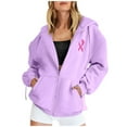 thumbnail image 4 of Full Zip Up Hoodie Women Cancer Awareness Pink Ribbon Sweatshirts 2025 Fall Winter Fashion Long Sleeve Casual Lightweight Actity Hooded Jacket (Purple, S), 4 of 6