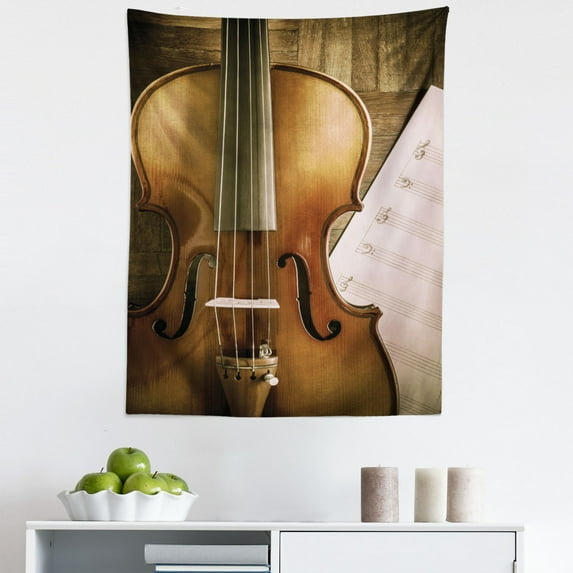 Violin Tapestry, Classical Music Themed Photo of Instrument and Empty Music Sheet, Fabric Wall Hanging Decor for Bedroom Living Room Dorm, 5 Sizes, Umber Pearl, by Ambesonne