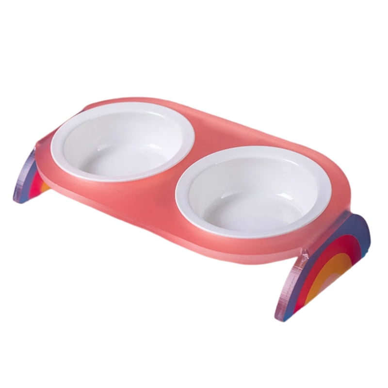 Yiran Ceramic Double Cat Bowl with Rainbow Stand, Pink