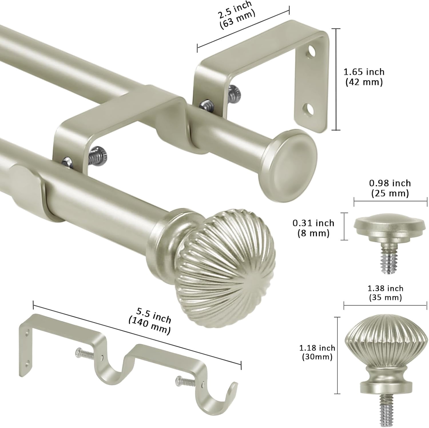 eTeckram 5/8" Double Curtain Rod with Bateau Finials,Pewter,28‘’-48‘’