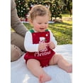 thumbnail image 4 of RUINIXCW Newborn Baby Girl Boy My First Christmas Outfit Corduroy Bubble Romper Overalls Letter Santa Hat Embroidery Sleeveless Jumpsuit Suspender Overall, 4 of 9