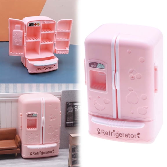 Goowood Miniature Dollhouse Refrigerator Toy Pink Mini Fridge Furniture Accessories For Kids Kitchen Play House Decor