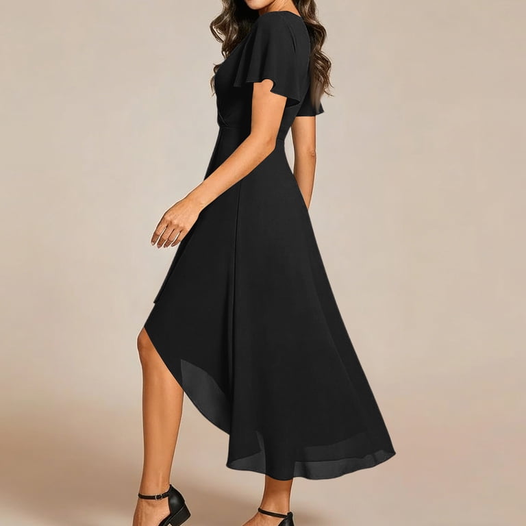 black high low chiffon dress Black Long sleeves High low Chiffon Evening Dress, Black / US2