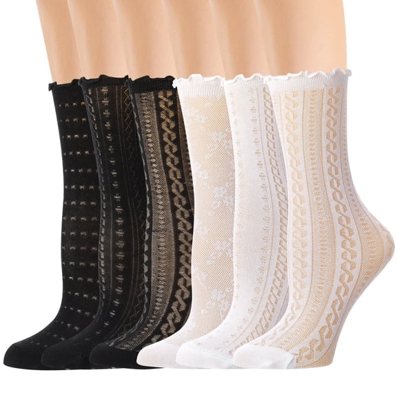 Bocaoying 6 Pairs Women Ruffle Lace Socks, Cute Mary Jane Ruffle Ankle Socks, Breathable Mesh Frilly Socks, Fancy Lacy Socks, Princess Lolita Dress Socks (White & Black)