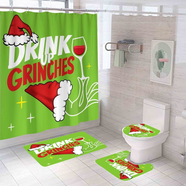 Oferta navideña: juego de decoración de baño de 4 piezas de Grinch: juego de baño de Grinch con estampado de muñeco de nieve, en liquidación, con tapete de baño y cortina de ducha para un estilo navid