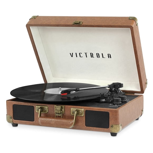 Victrola Journey Bluetooth Portable Suitcase Record Player – with Built-in Speakers, 3 Speed Vinyl Record Player, RCA Out, Headphone Jack (Brow