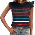thumbnail image 2 of YHAJDS Women's Short Sleeve Tops Round Neck Lace Insert Stripe Casual Tee, 2 of 5
