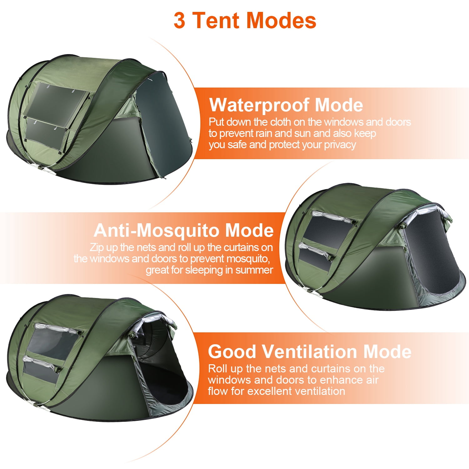 Pop up Camping Tent for 2-3 Person Tent Waterproof Instant Easy Setup Family Tent for Camping Hiking Climbing Traveling Green