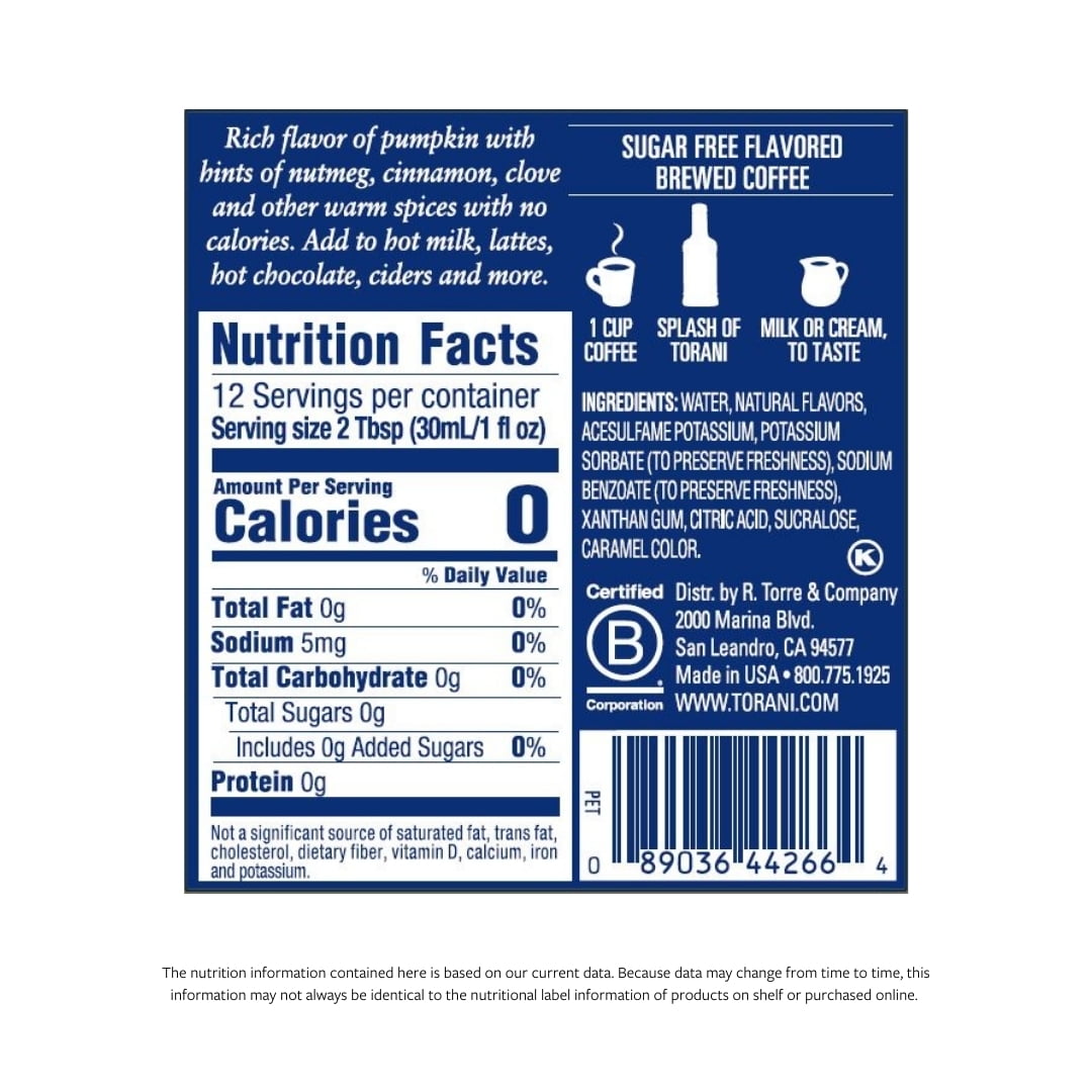 Torani Sugar Free Pumpkin Spice Flavored Syrup, 12.7 fl oz