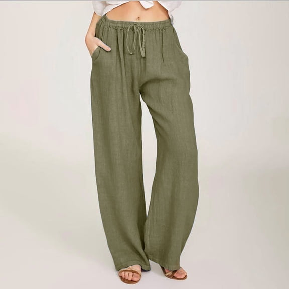 Oiangi Women's Cotton Linen Pants Boho Beach Palazzo Pant Elastic Waist Drawstring Trousers with Pockets Brown L