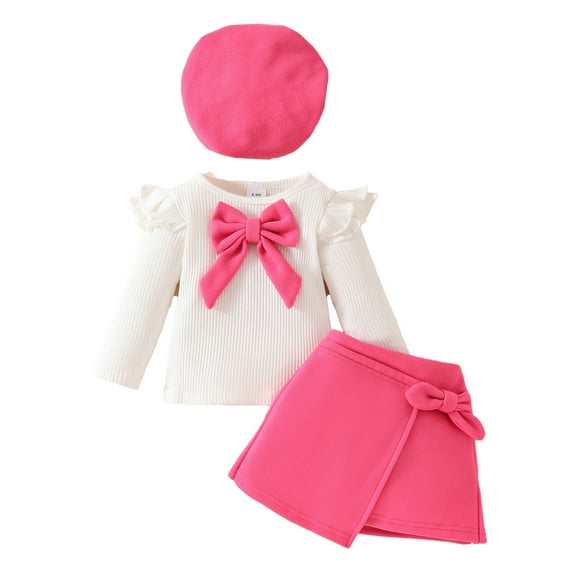 Wangmeiwg Toddler Girl Three Piece Outfit Set with Big Bow Beret Long Sleeve Top and Cozy Skirt for Fall and Winter 3 Years Red3