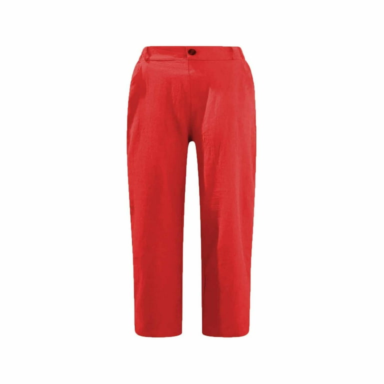 Crop Pants for Women Trendy Comfortable Linen Cropped Pants Elastic High  Waist Straight Rolled Capri Below Knee (3X-Large, Red)