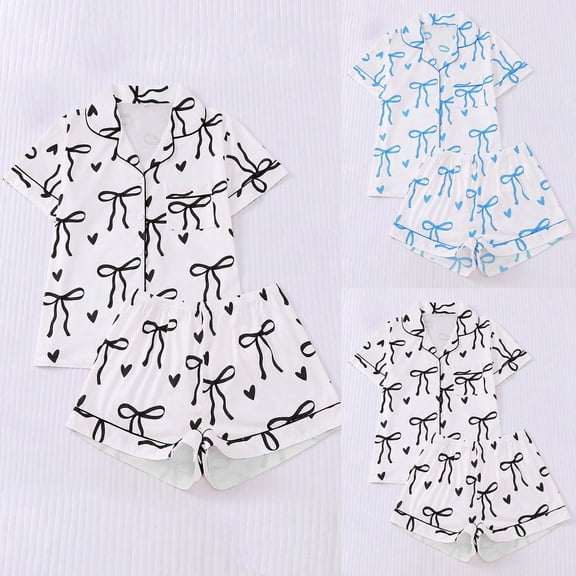 jiaxiM Cotton Pajamas for Women Set Short Sleeve Button Down Shirt Tops and Shorts Bow Print Cute Pjs Sets Loungewear