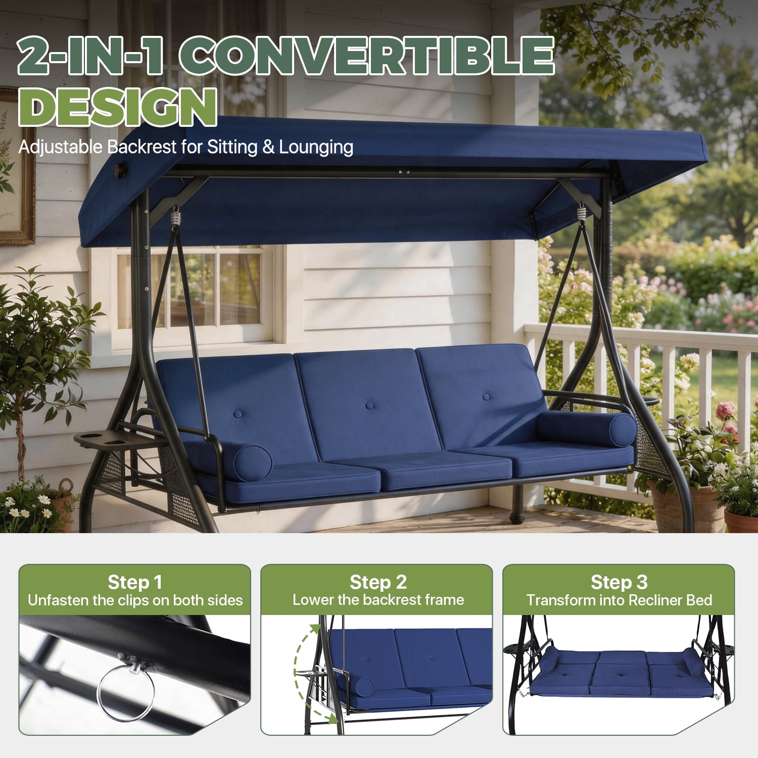 BaPiPro Blue 3-Seat Metal Outdoor Patio Swing with String Lighting, 2-in-1 Convertible Swing Bed, Adjustable Canopy, Removable Cushions & Foldable Side Table for Garden Porch Deck