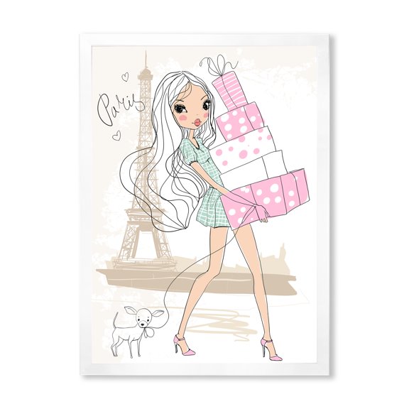 Designart 'Young Woman With Shopping Boxes In Paris' Shabby Chic Framed Art Print